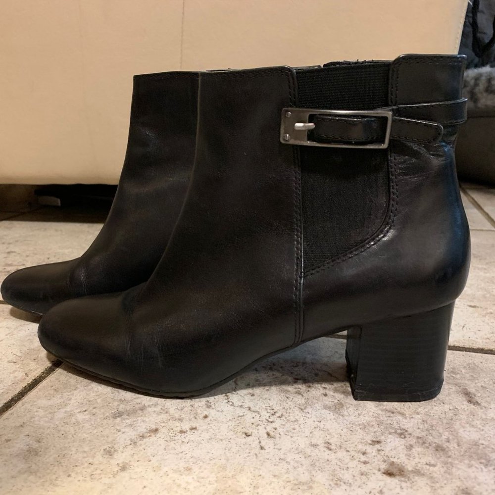 Black leather booties with low two inch heels (Size 8)